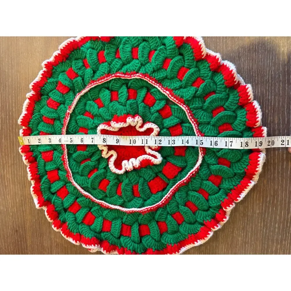 Vintage Hand-crocheted Red Green Holiday Christmas 20 inch Doily Hot Pad